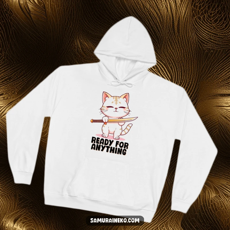 Funny hoodie with a focused cat samurai sharpening its sword with a contented, determined expression. Great as a funny gift.