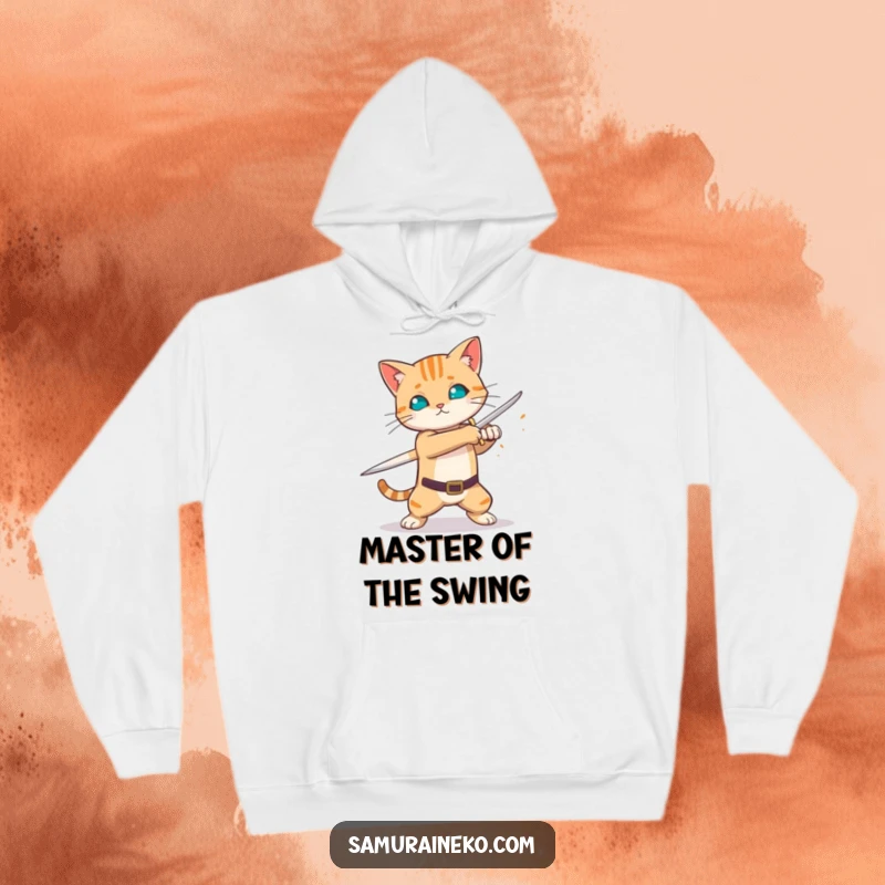 Funny cat practicing swift sword swing, sparks flying, cozy warrior hoodie, ideal funny gift.