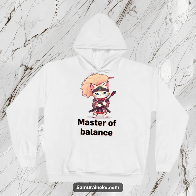 Funny cat samurai perfectly balancing a giant feather on its head, featured on a warm and comfortable hoodie.