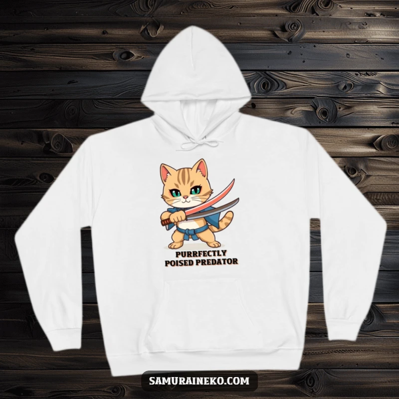 Funny Cat Katana Hoodie: A fierce feline warrior in full stance with a miniature katana, offering warmth and humor.