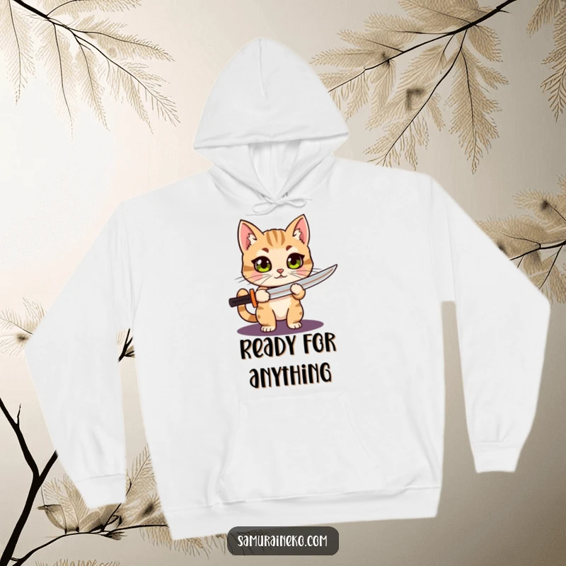 Funny Cat Katana hoodie with a wide-eyed cat proudly holding a tiny katana, blending cuteness with a touch of playful warrior spirit.