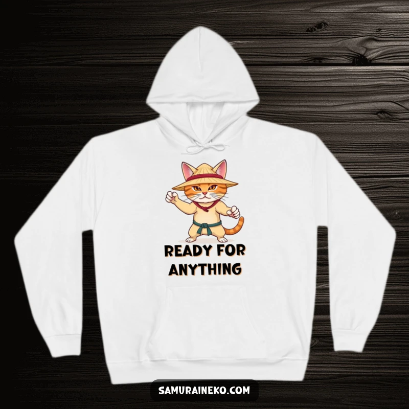 Funny hoodie showcasing a determined cat in a martial arts pose, wearing a straw hat, radiating focus and a playful spirit.