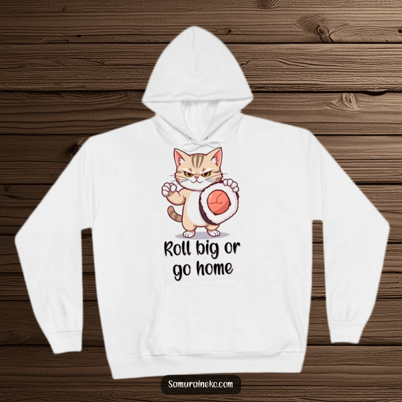 Funny hoodie of a fierce yet cute kitty striking a dramatic pose with a comically oversized sushi roll, offering warmth and humor.