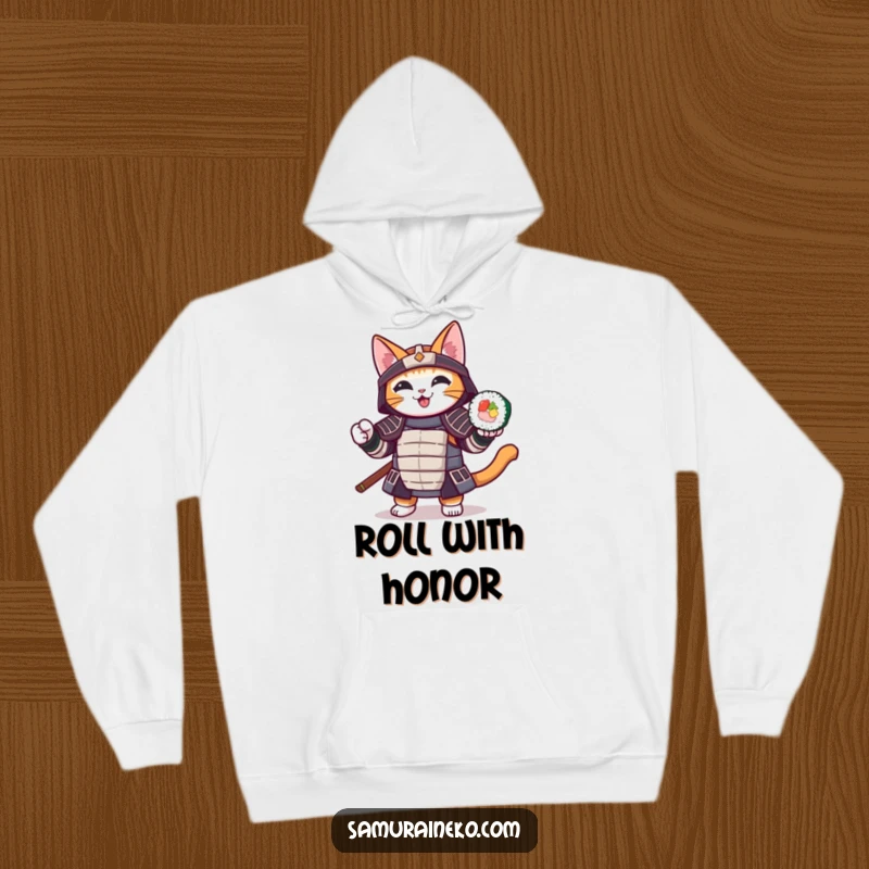 Funny cat hoodie featuring a samurai cat cheerfully holding a sushi roll, perfect for warm and humorous wear.