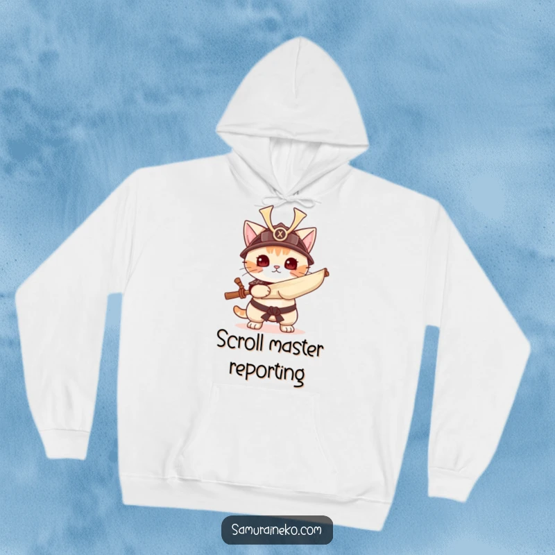 Funny cat in samurai helmet with scroll, cozy warrior hoodie, ideal funny gift for brave souls.