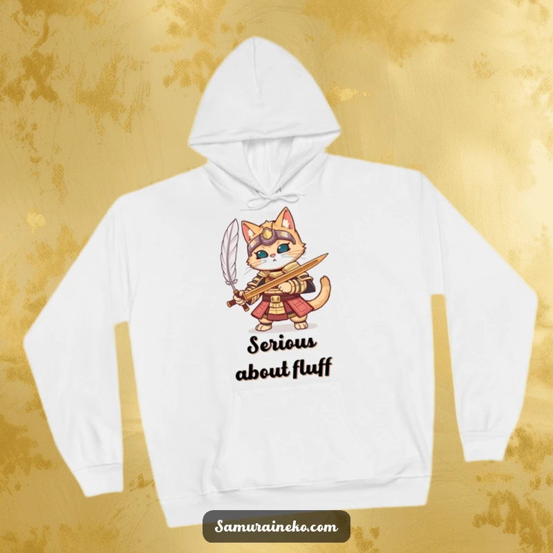 Funny cat in full samurai armor parrying a feather with a wooden sword, featured on a cozy hoodie.