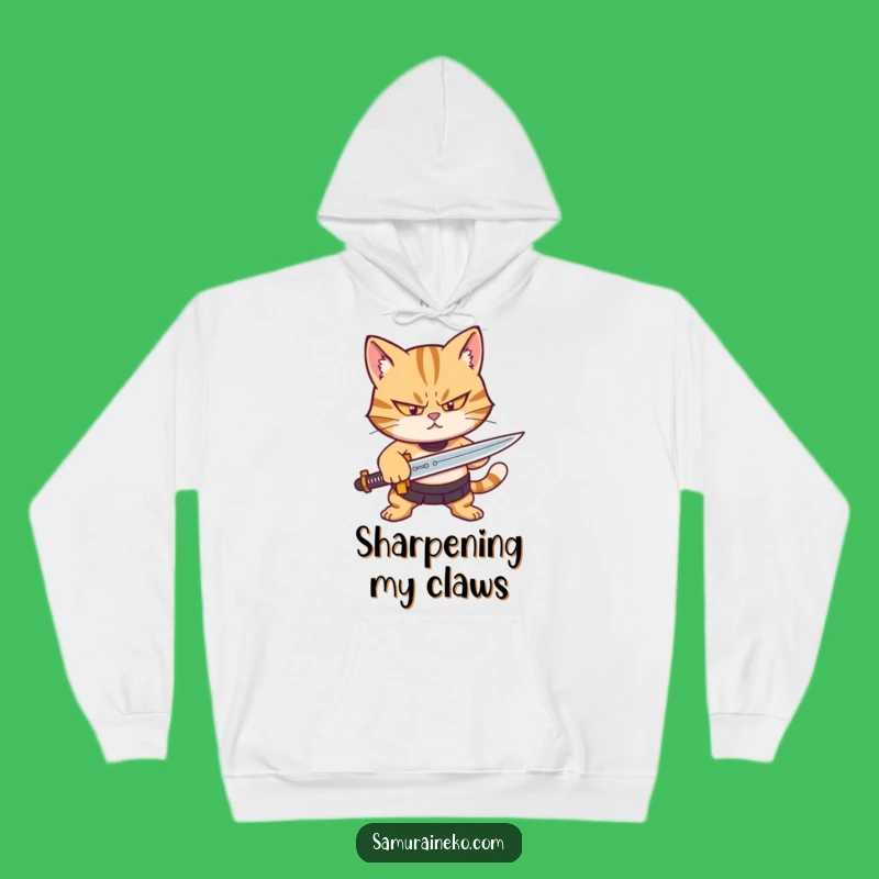 Funny Cat Warrior Hoodie: Determined Feline Sharpening Sword, Cozy And Hilarious Gift Idea