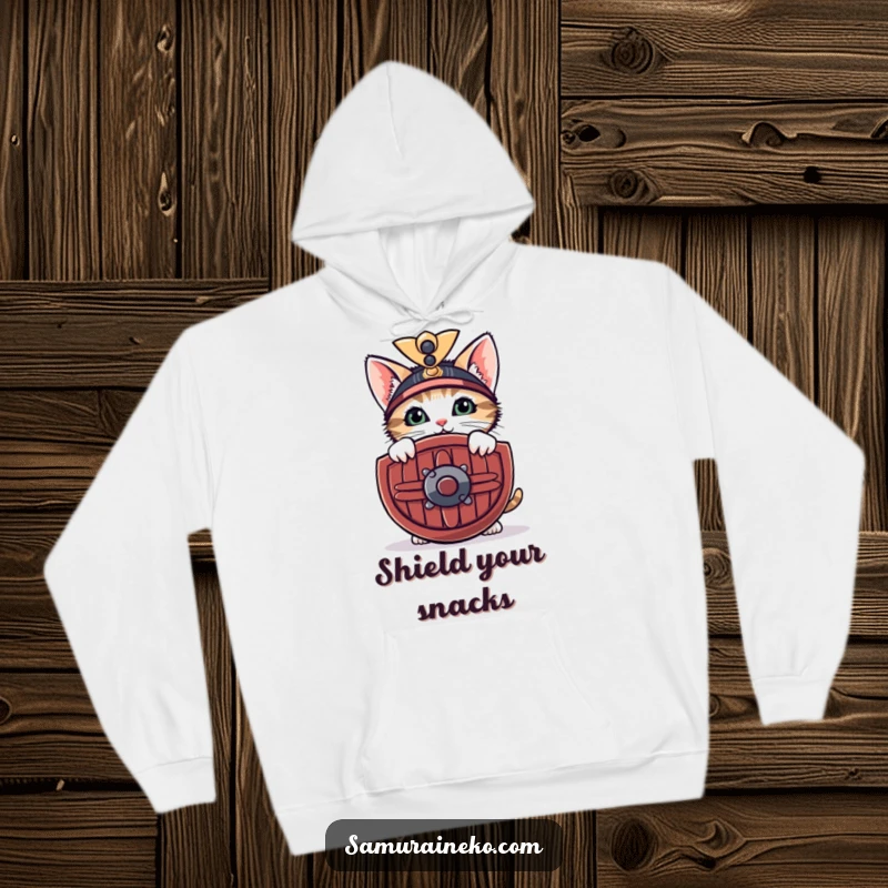 Funny hoodie of a curious kitten peeking from behind a miniature samurai shield with a shy smile, offering warmth and protection.
