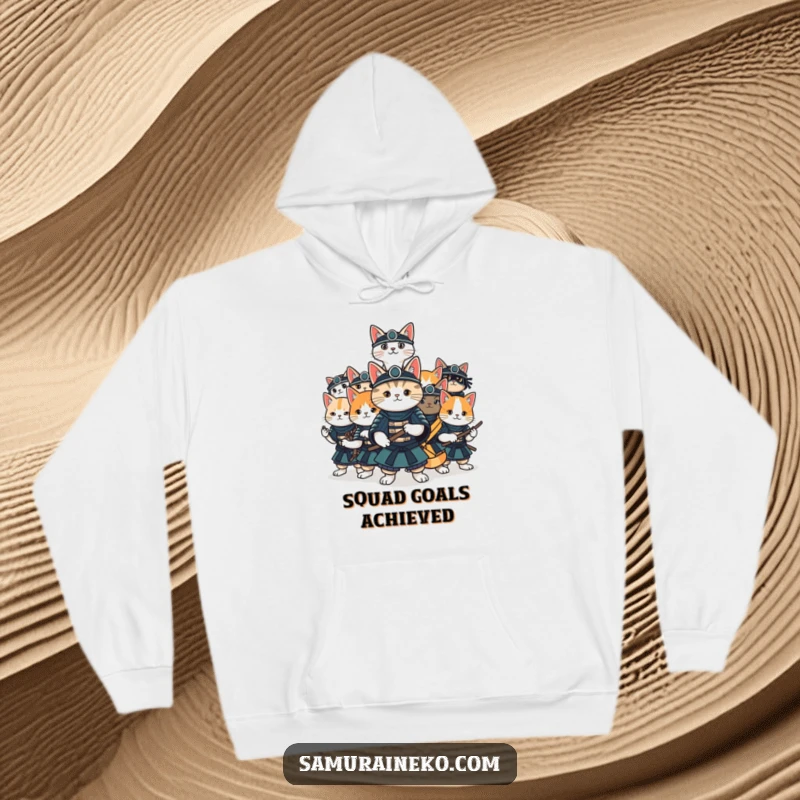 Funny cat samurai hoodie with a group of cats striking various samurai poses, ready for exciting fun.
