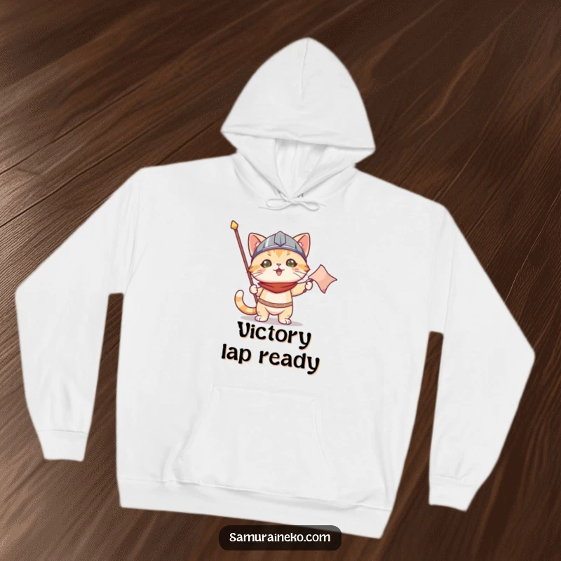 Funny hoodie art: a triumphant cat wearing a small helmet holds a victory banner, offering cozy and comical celebration.