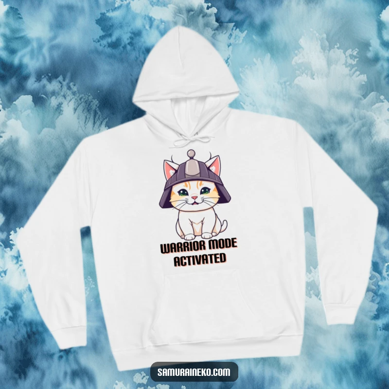 Funny, warm hoodie featuring a determined cat in a tiny samurai helmet, exuding playful bravery and strength.