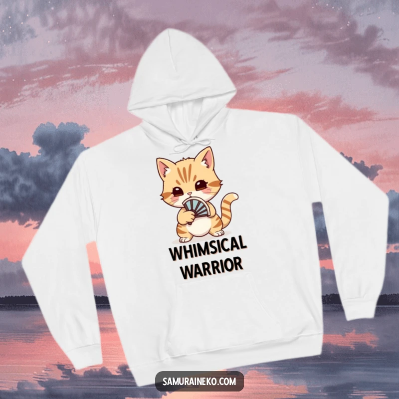 Funny cat duelist wearing a hoodie, holding a small battle fan, ready for a whimsical duel with a charming look.