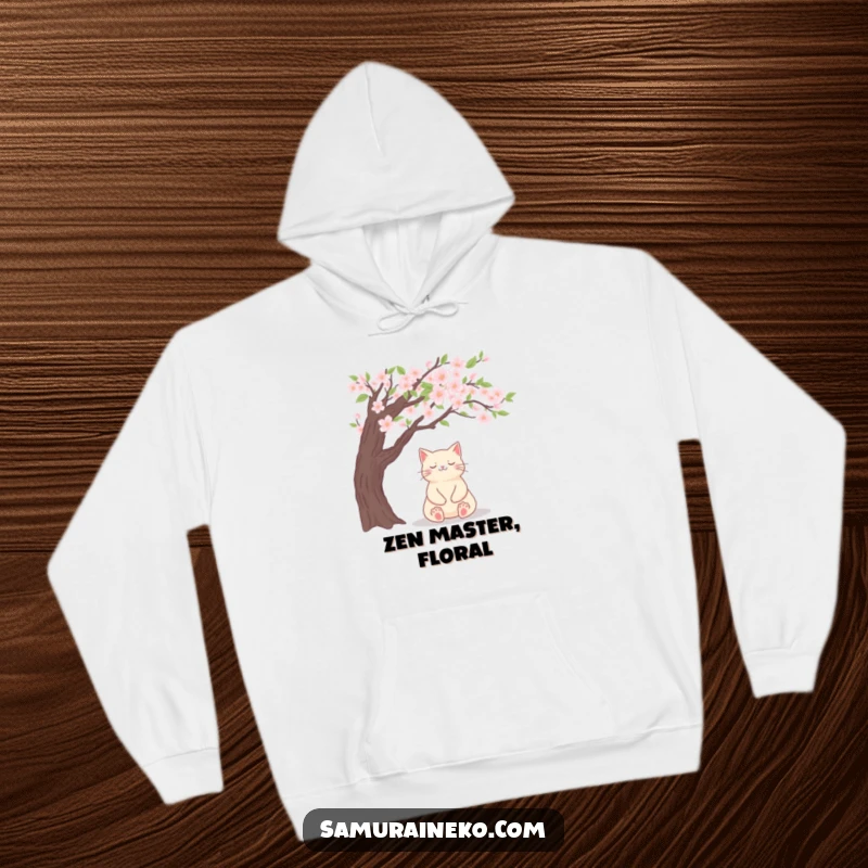 Funny hoodie with a content cat meditating peacefully beneath a blooming cherry blossom tree.
