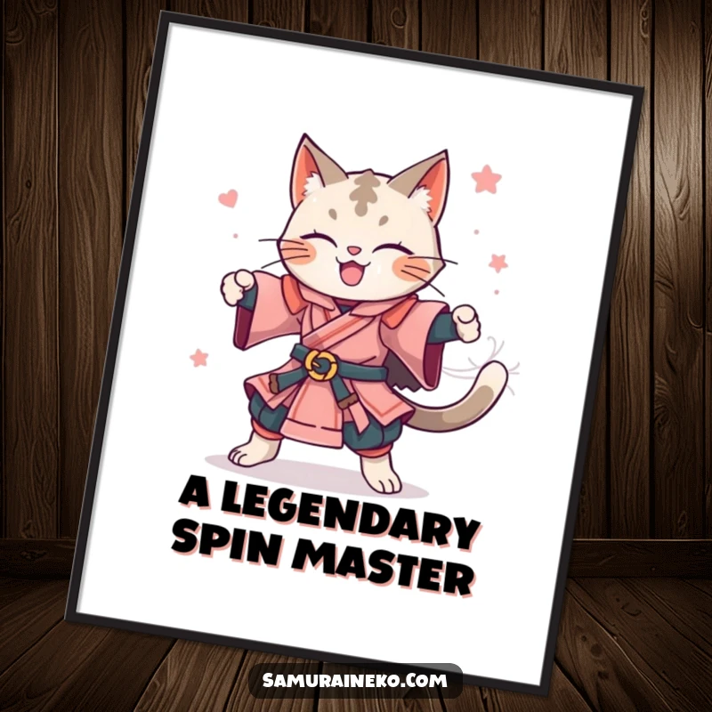 Funny Free Printable Wall Art: Cat samurai caught in a dynamic, joyous celebratory spin, full of life.