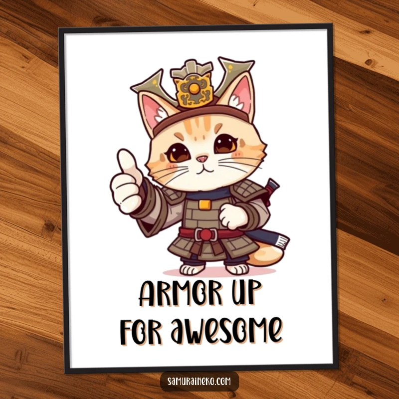 Funny Free Printable Wall Art: A stoic cat in samurai armor giving a universally understood and friendly thumbs-up.