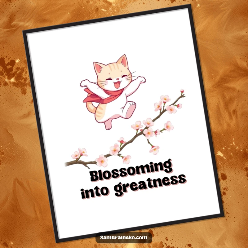 Funny Free Printable Wall Art: A dynamic cat hero leaps gracefully over a delicate cherry blossom branch, capturing a moment of spring beauty.