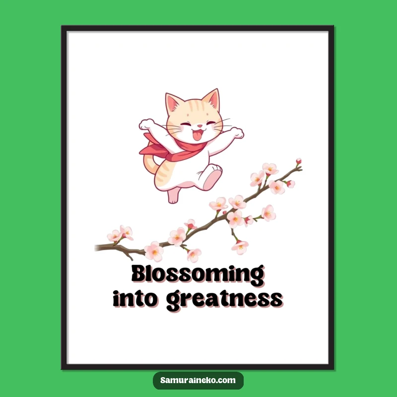 Free Printable Wall Art: Hero Cat Leaping Blossoms Downloadable Decor Gift