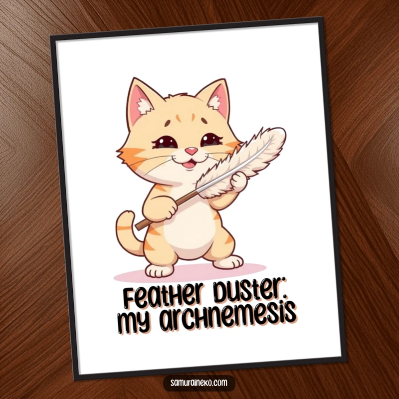 Funny Free Printable Wall Art: A cat energetically spars with a feather duster, captured in a moment of pure, unadulterated feline fun.