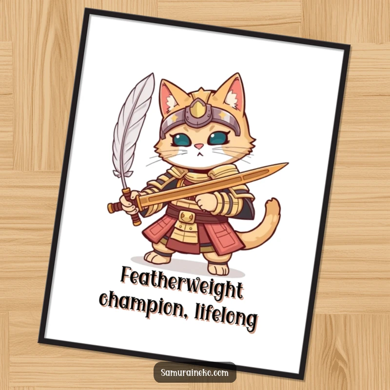 Funny Free Printable Wall Art: A cat in detailed samurai armor focuses intently while parrying a floating feather with its wooden sword.