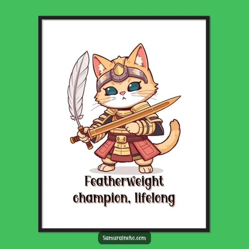 Free Printable Wall Art: Samurai Cat Feather Parry - Funny Downloadable Art for Home Decor