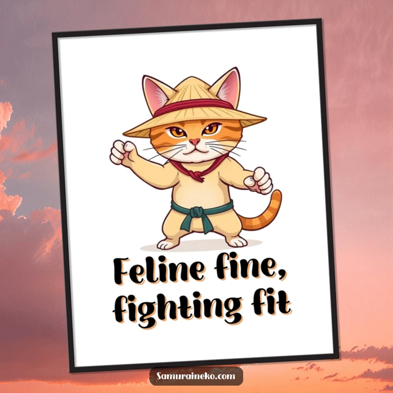 Funny Free Printable Wall Art: A determined cat wearing a straw hat poses fiercely, ready for martial arts action.