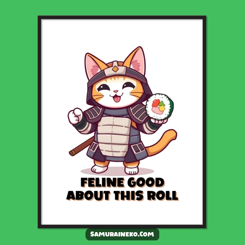 Free Printable Wall Art: Samurai Sushi Cat, Funny Downloadable Digital Art for Home