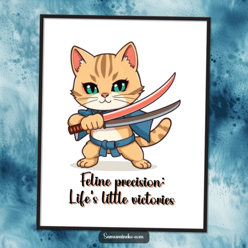 Funny Free Printable Wall Art: A cat wielding a tiny katana, striking a bold, confident pose, ready for action.