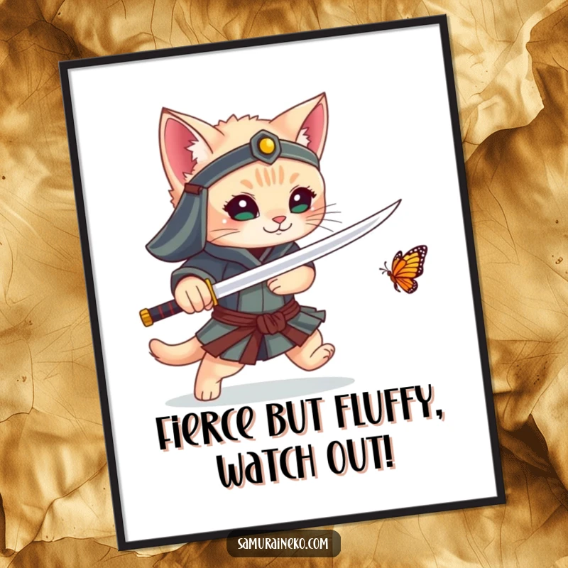 Funny Free Printable Wall Art: A determined kitten samurai humorously chases a butterfly with its tiny sword.