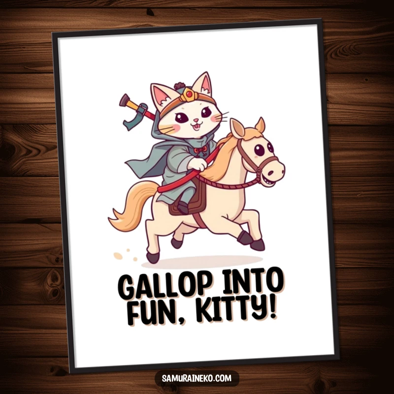 Funny Free Printable Wall Art: A courageous cat samurai riding a hobby horse with infectious glee and determination.