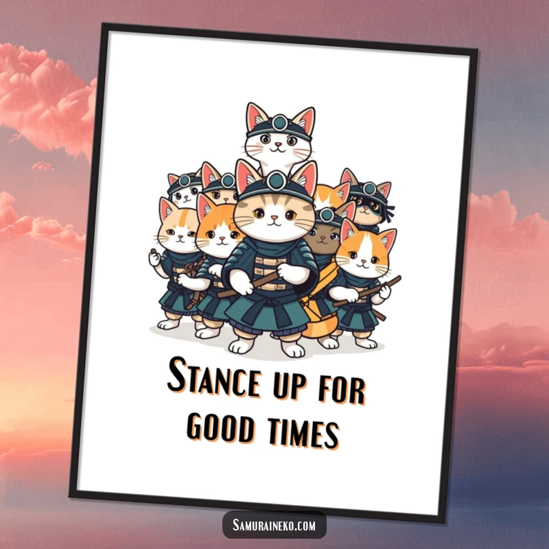 Funny Free Printable Wall Art: A cool collection of cats striking various samurai stances, exuding readiness for fun.