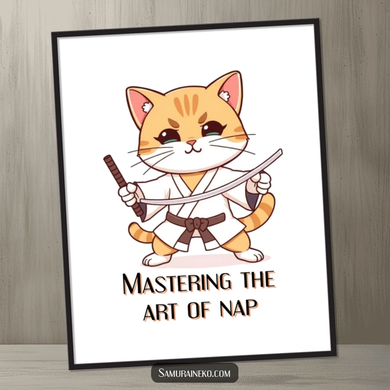 Funny Free Printable Wall Art: A cat with unwavering focus and a slight, knowing smile practices disciplined samurai sword stances.