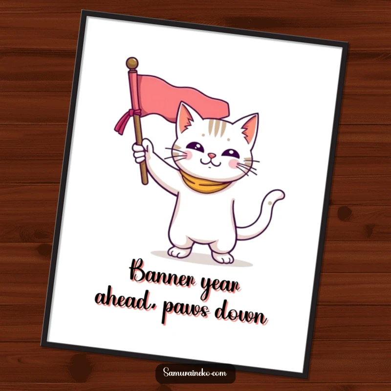 Funny Free Printable Wall Art: A heroic cat stands tall with a miniature banner, embodying bravery and a touch of feline grandeur.