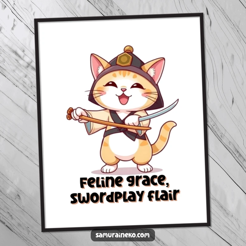 Funny Free Printable Wall Art of a cat in a ronin hat practicing sword forms with a joyful, energetic, and focused expression.
