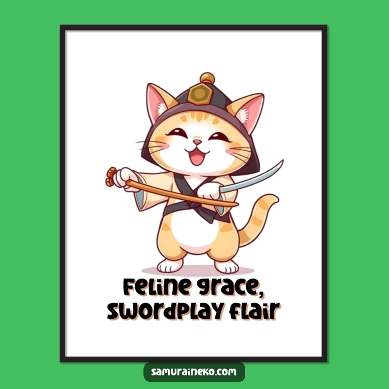 Free Printable Wall Art: Joyful Ronin Cat, Sword Forms, Hilarious Downloadable Art Gift