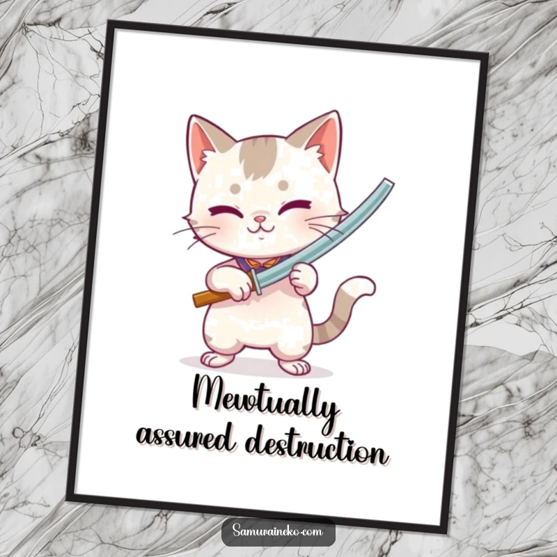 Funny Free Printable Wall Art of a cat holding a miniature bamboo sword with playful intensity, ready for a fun duel.