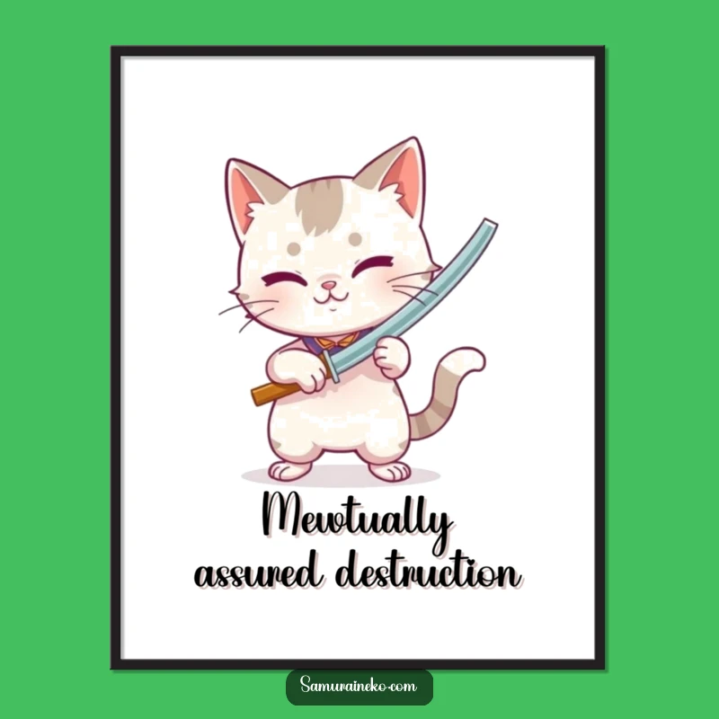 Free Printable Wall Art: Playful Cat Swordsman, Bamboo Blade, Hilarious Downloadable Art Gift