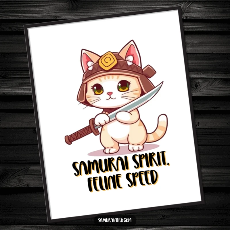 Funny Free Printable Wall Art: A cute cat dons a samurai helmet and draws a small sword with a determined, playful look.