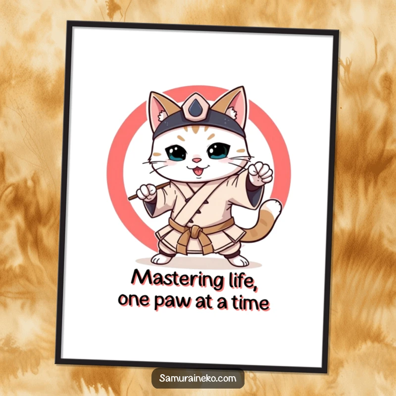 Funny Free Printable Wall Art: Cat in a samurai outfit, practicing martial arts with a joyful smile.