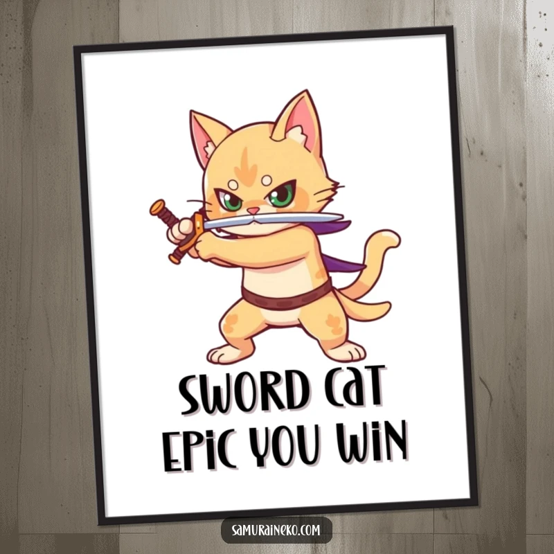 Funny Free Printable Wall Art, a warrior cat in a dynamic battle stance with a sword drawn, ready for epic adventures and decoration.