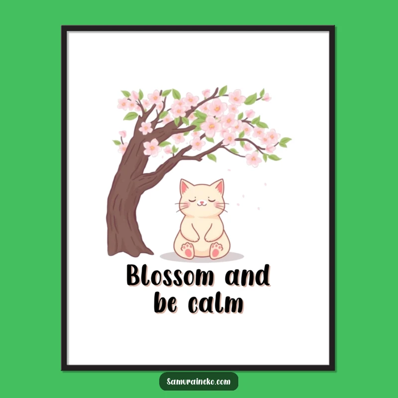 Free Printable Wall Art: Zen Cat Blossom, Serene Funny Downloadable Decor