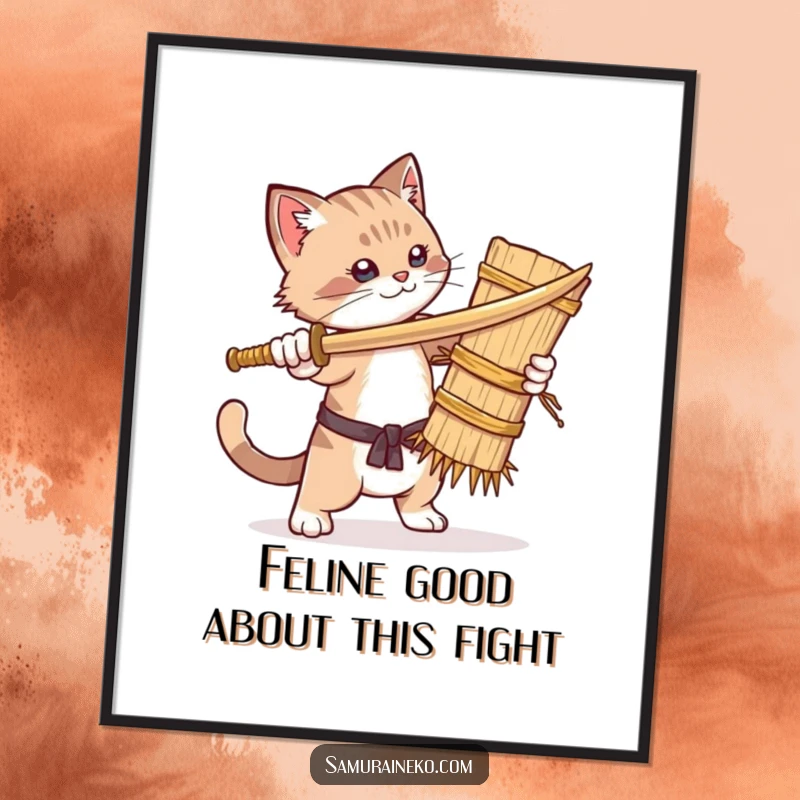Funny Free Printable Wall Art: A determined cat hilariously spars with a straw dummy wielding a wooden sword.