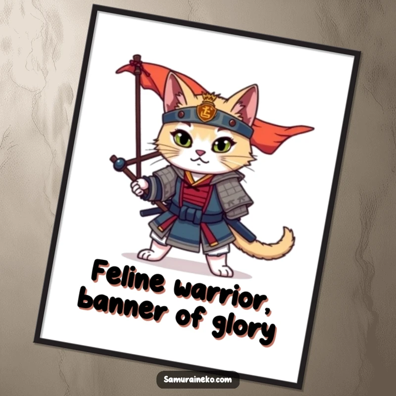 Funny Free Printable samurai cat art featuring a dramatic pose and a fluttering banner, adding humor to any room.