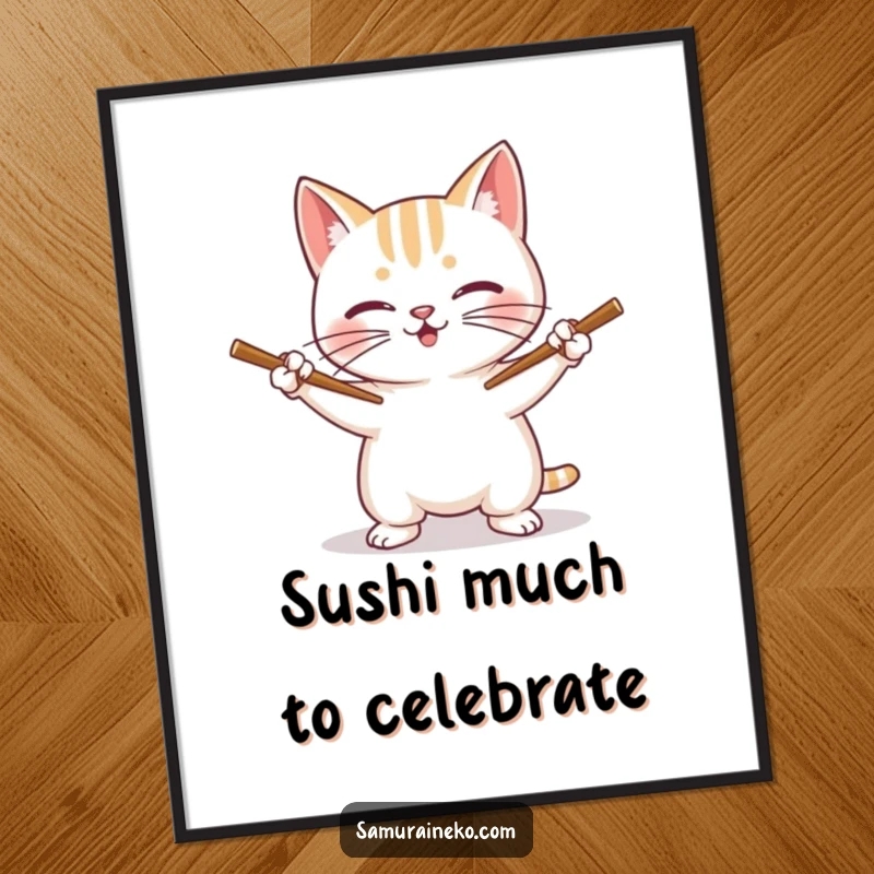 Funny free printable wall art: A cat with a triumphant whiskered grin, brandishing chopsticks like tiny swords ready for a culinary battle.