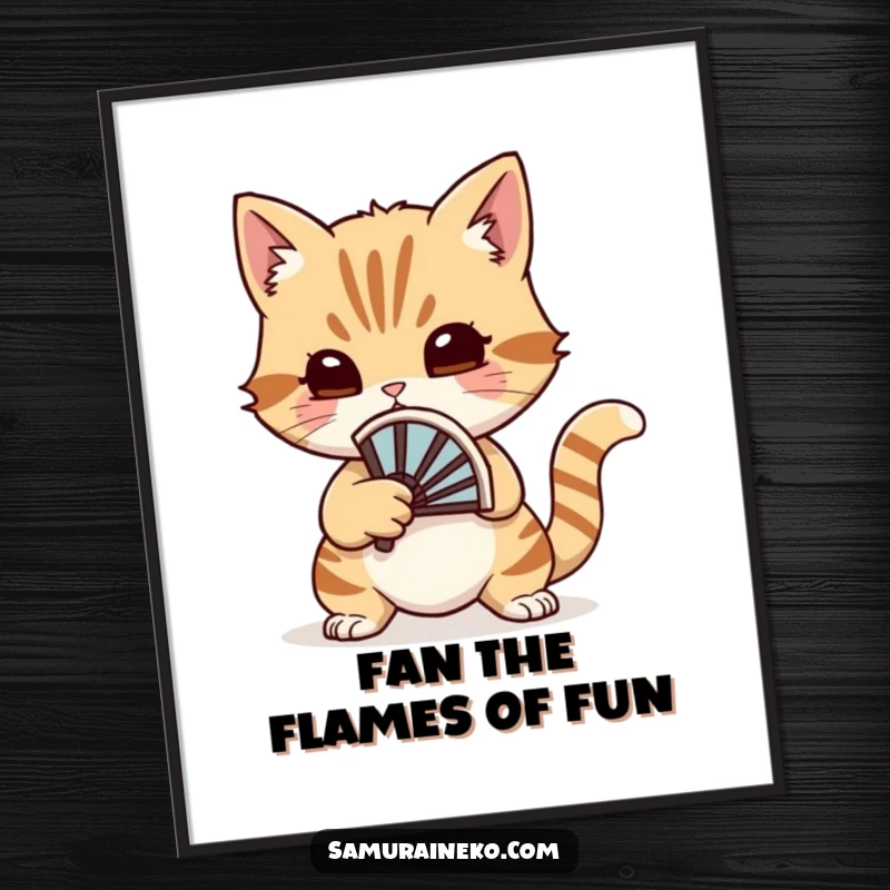 Funny Free Printable Wall Art: A stylish cat holds a small battle fan, poised for a whimsical duel, exuding playful elegance.