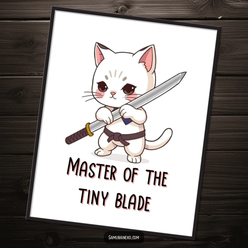 Funny Free Printable Wall Art: A majestic cat dramatically sheathes a tiny katana with proud, artistic flair.