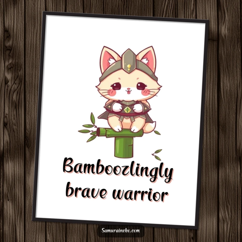 Funny Free Printable Wall Art: A fluffy cat in miniature armor precariously balances on a thin bamboo stalk, looking determined.