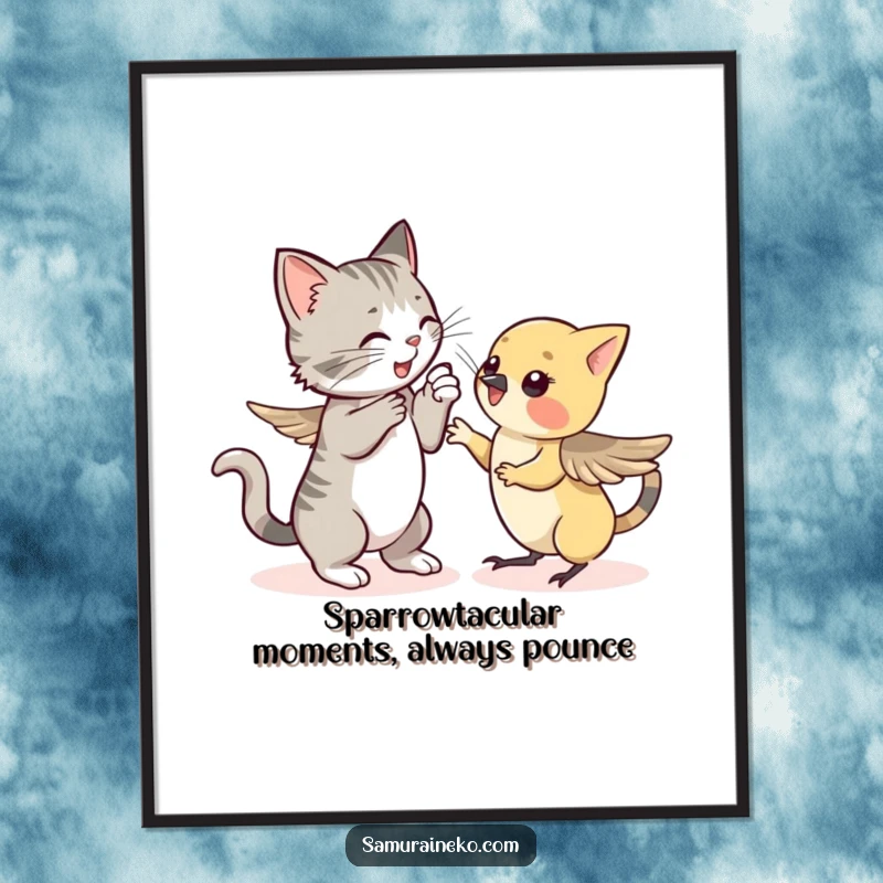 Funny free printable wall art capturing a cat's playful sparring match with a shy, fluttering sparrow.