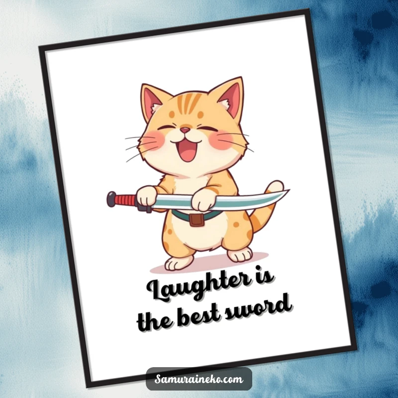 Funny Free Printable Wall Art: A cat is depicted rolling on the floor, overcome with laughter after a failed, clumsy sword swing.
