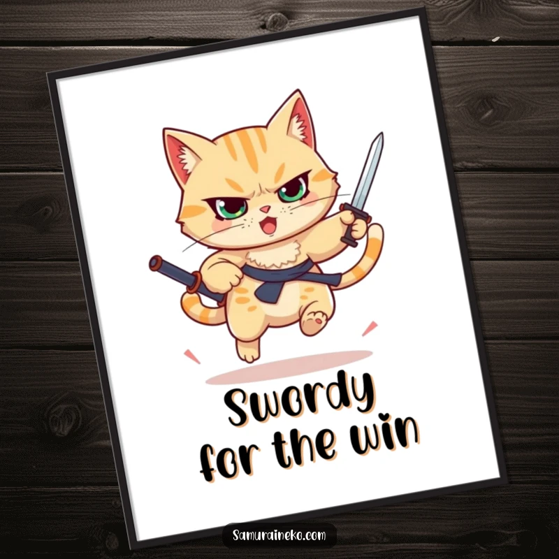 Funny Free Printable Wall Art: A fiercely determined cat leaps with a tiny sword raised, ready for adventure.