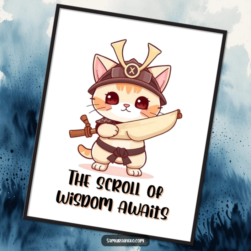 Funny Free Printable Wall Art: A cat wearing a tiny samurai helmet wields a rolled-up scroll with serious intent.